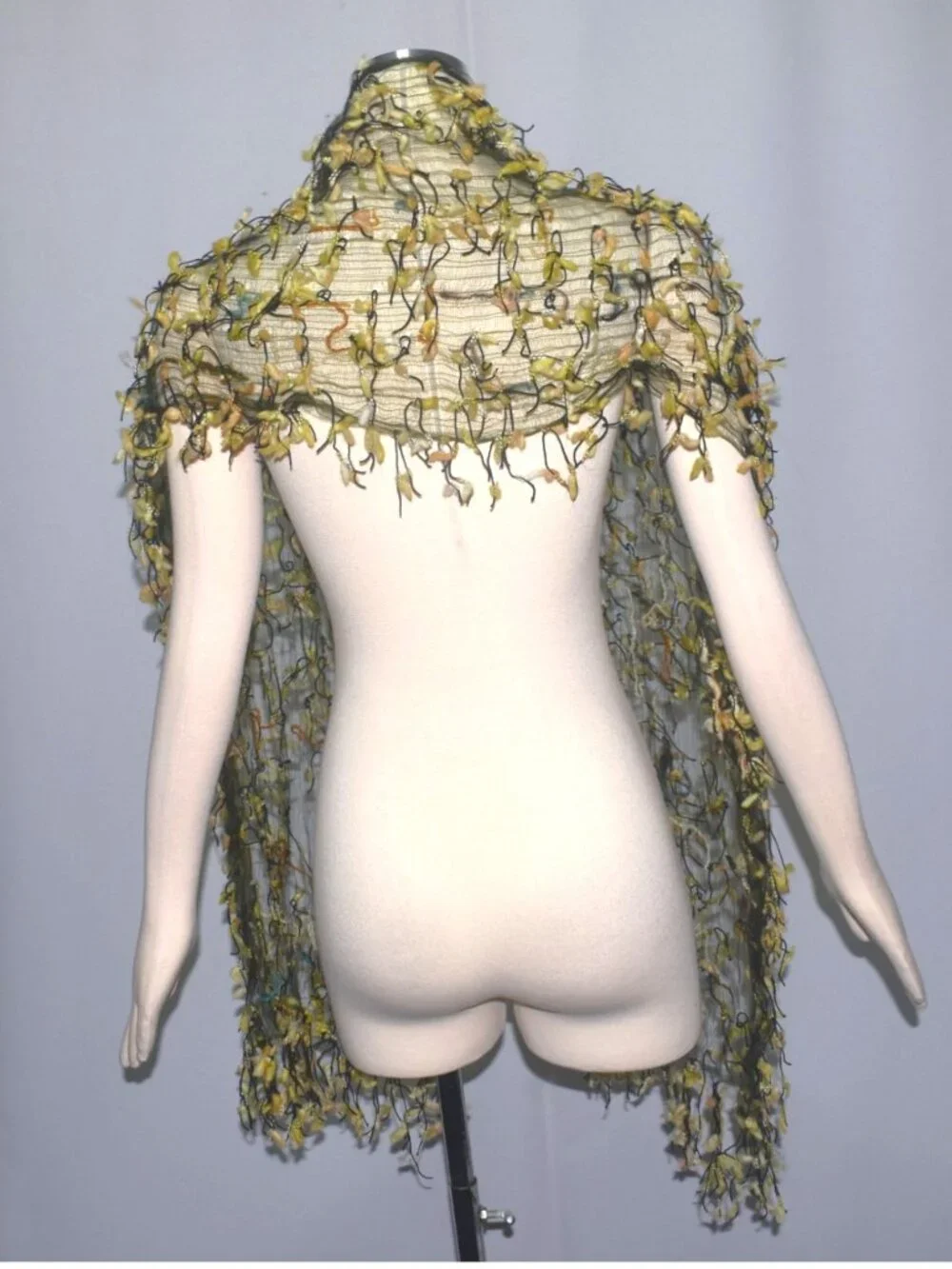 Vintage Fleurs Fiber Wearable Art Rectangle Sheer Web Scarf Fringe Pieces Silk